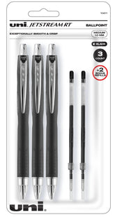Uni-Ball Jetstream Rt Ball Point Pens Black - Writing Pens Bold Point (1.0mm) - 3 Ink pens With 2 Refills - Smooth Writting Pens Ideal for Left Handed Writers